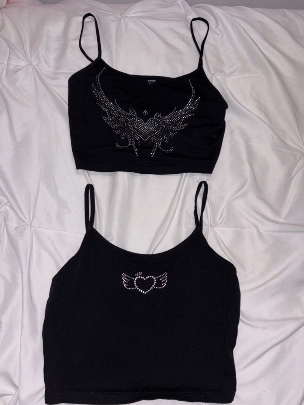 SHEIN Black Rhinestone Wing & Heart Cami Tops - Set of 2